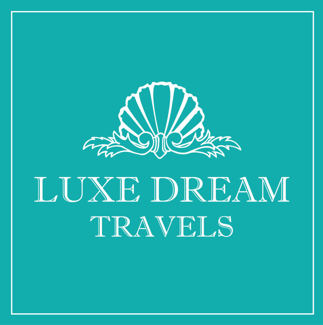 A blue square with the words luxe dream travels in white.