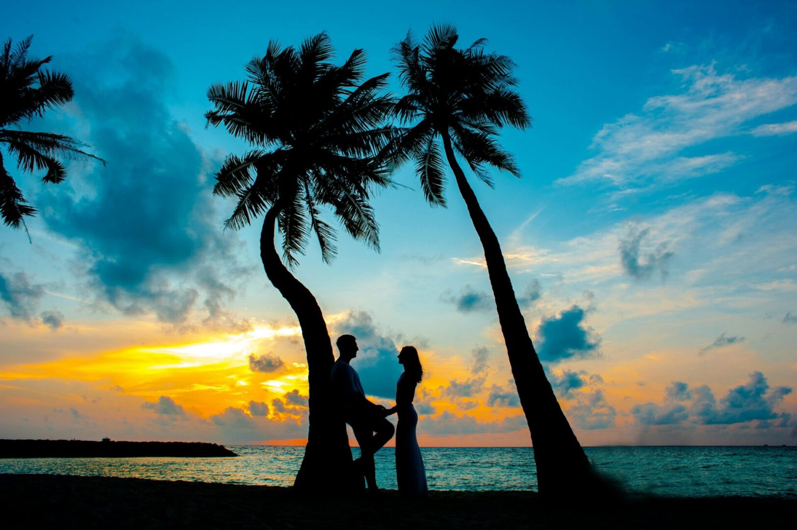 A man and woman standing under a palm tree.