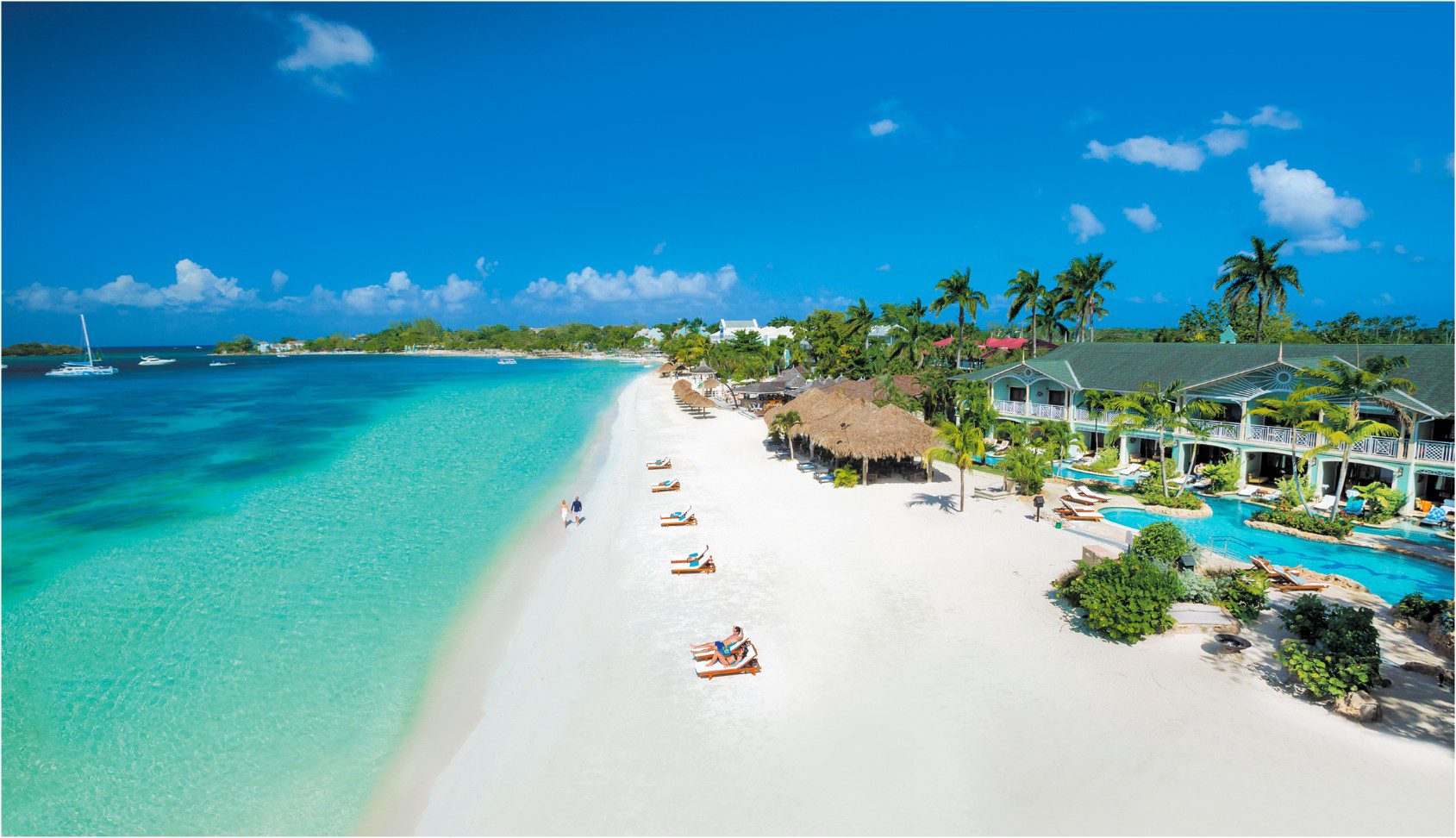 A beach with many people on it and some trees