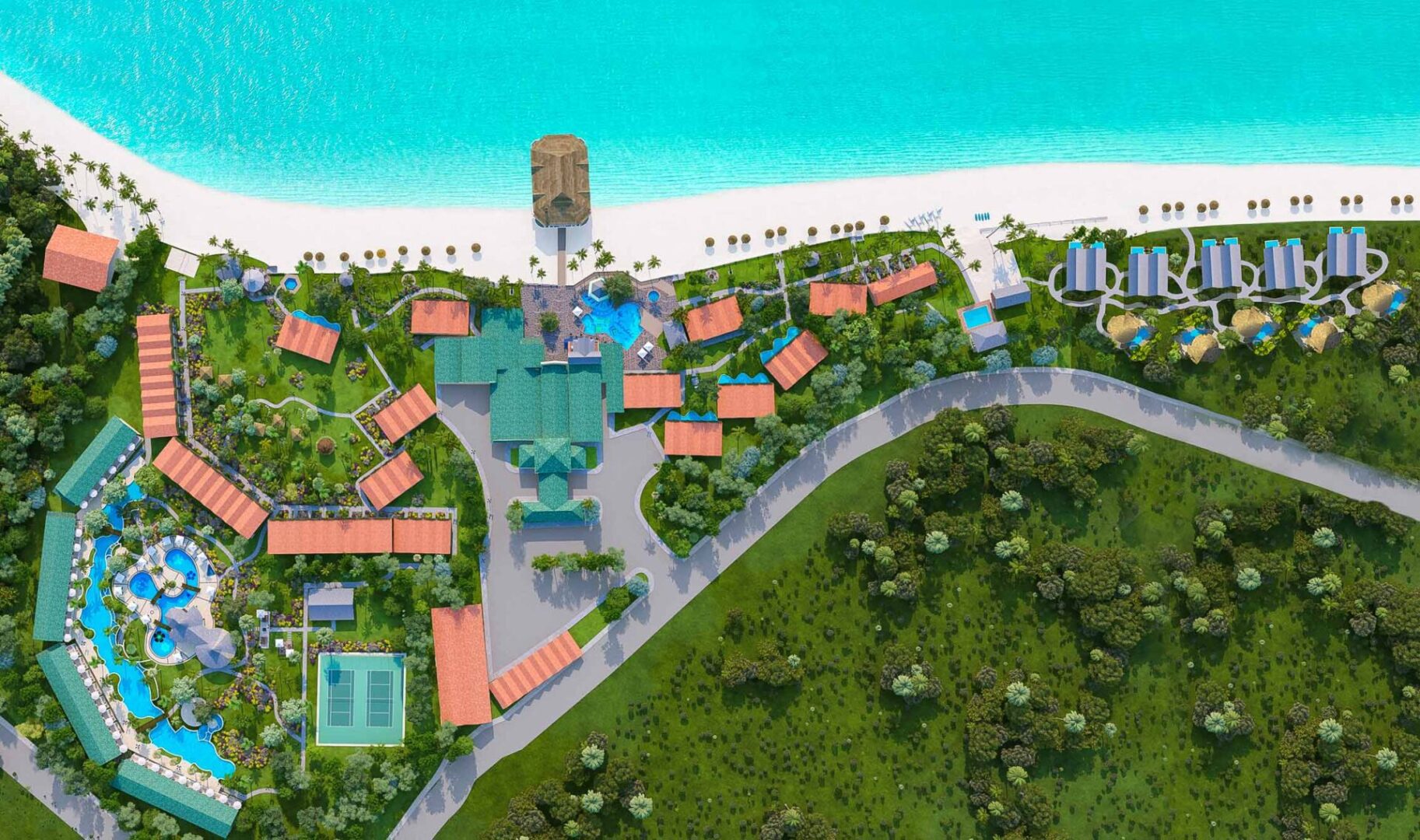 A bird 's eye view of a resort with pool and beach.