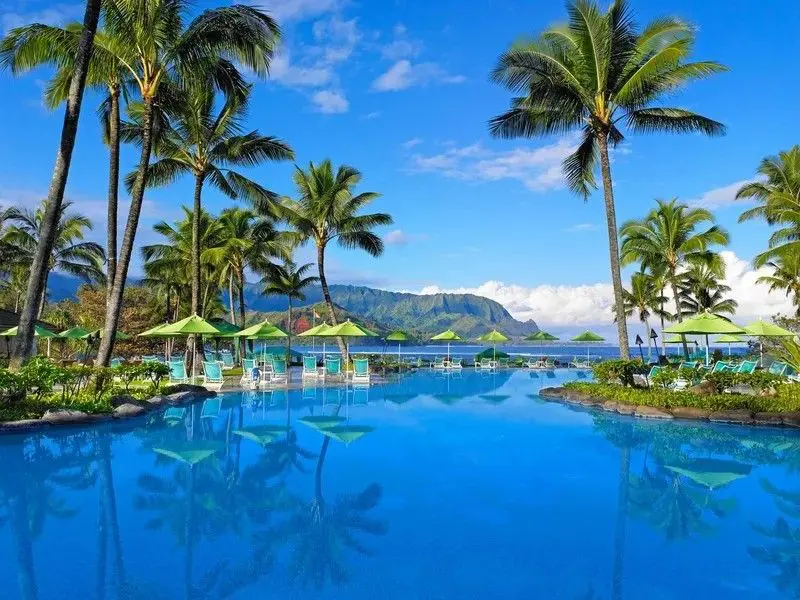 A pool with palm trees and umbrellas in the water.