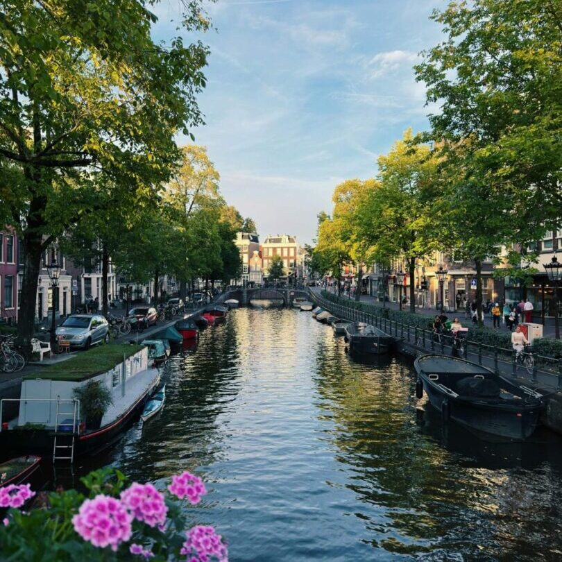 A canal with boats and flowers on the side.