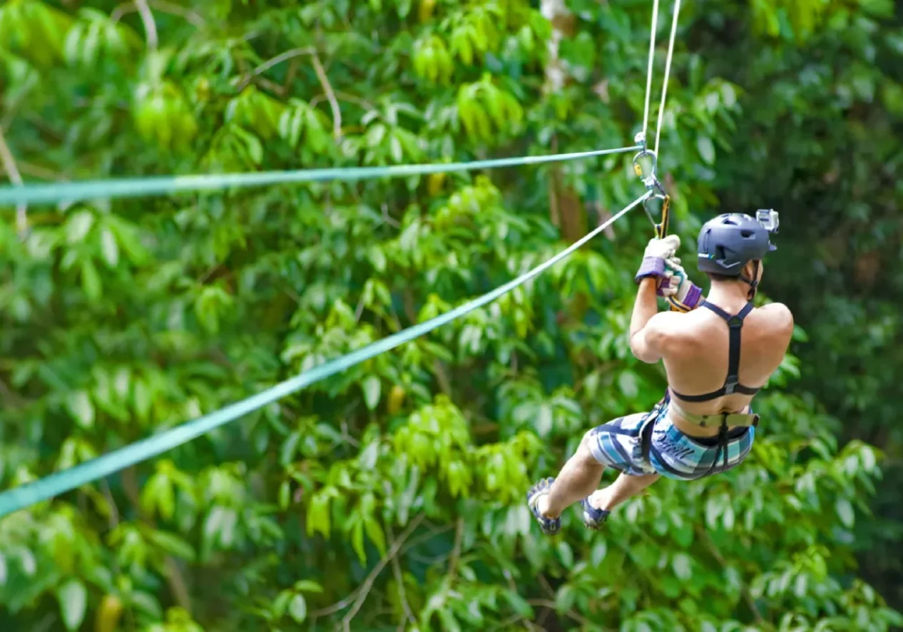 A person ziplining through the trees on a rope.